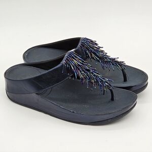FitFlop Cha Cha Rumba Sandals Sz 8 Blue Leather Beaded Fringe Thong Platform